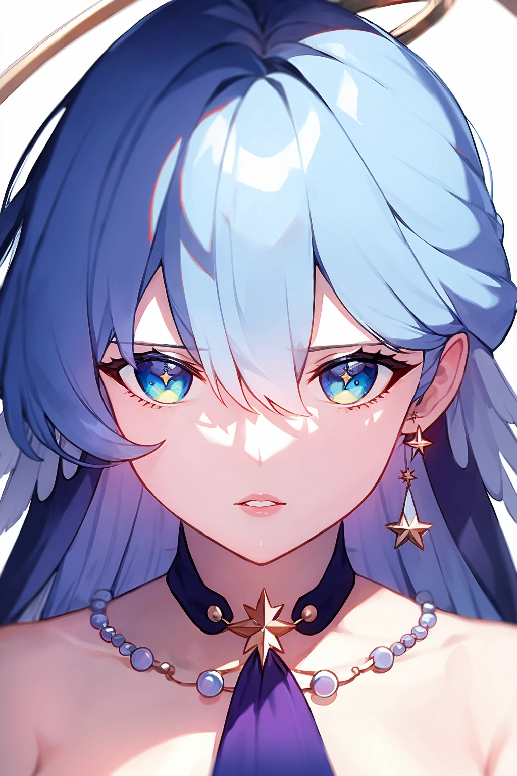 masterpiece, best quality,  <lora:robin:1>,
1girl, solo, blue hair, long hair, jewelry, blue eyes, looking at viewer, earrings, parted lips, bangs, portrait, white background, bare shoulders, floating hair, virtual youtuber, head wings, necklace, star (symbol), collarbone, hair between eyes