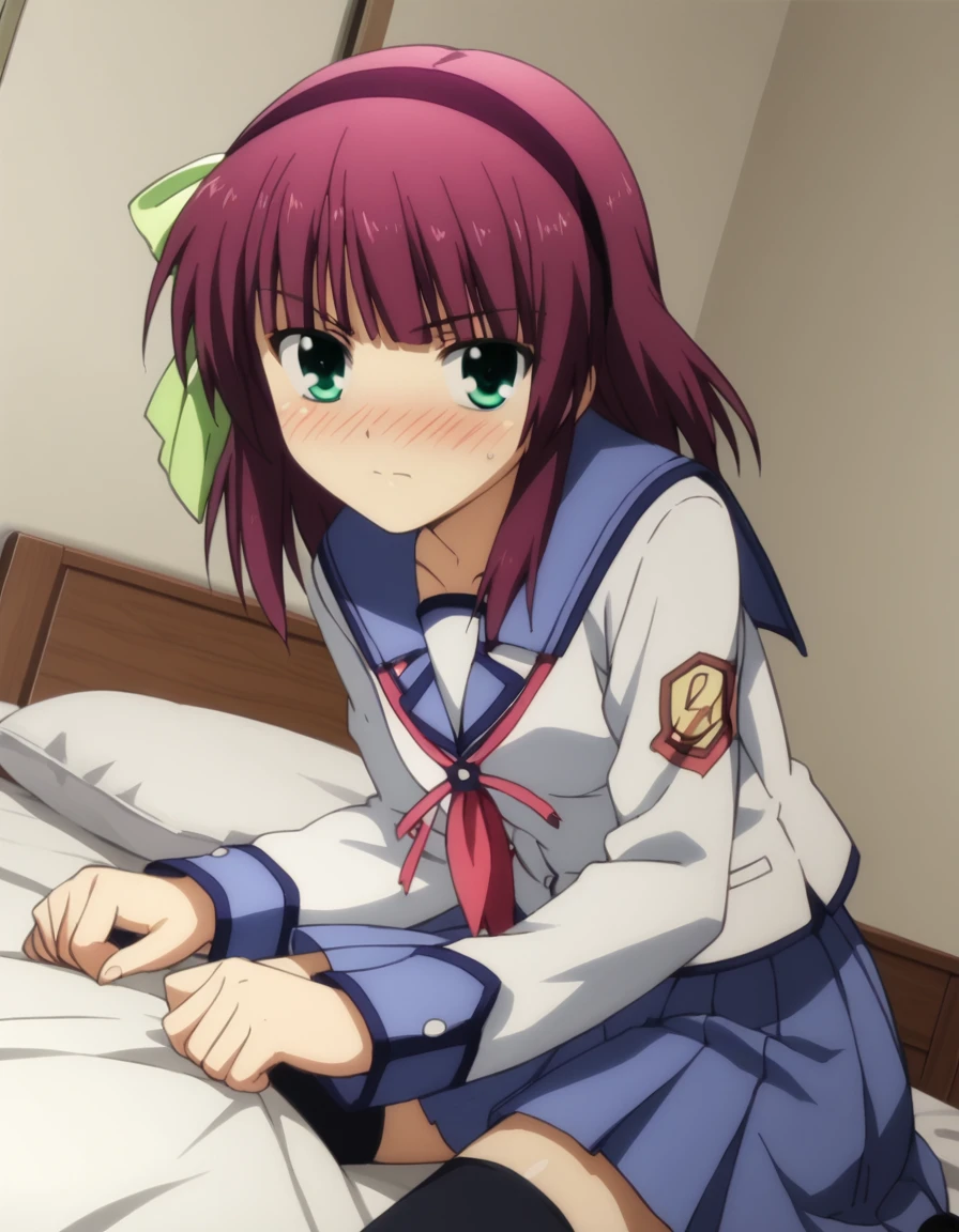 score_9, score_8_up, score_7_up, source_anime,
yurinakamura, <lora:yuri-nakamura-s1-ponyxl-lora-nochekaiser:1>,
yuri nakamura, short hair, green eyes, purple hair, hairband,
skirt, thighhighs, school uniform, serafuku, zettai ryouiki,
indoors, bed, bed room, on side, blush, drunk,
looking at viewer, solo, cowboy shot, dutch angle,