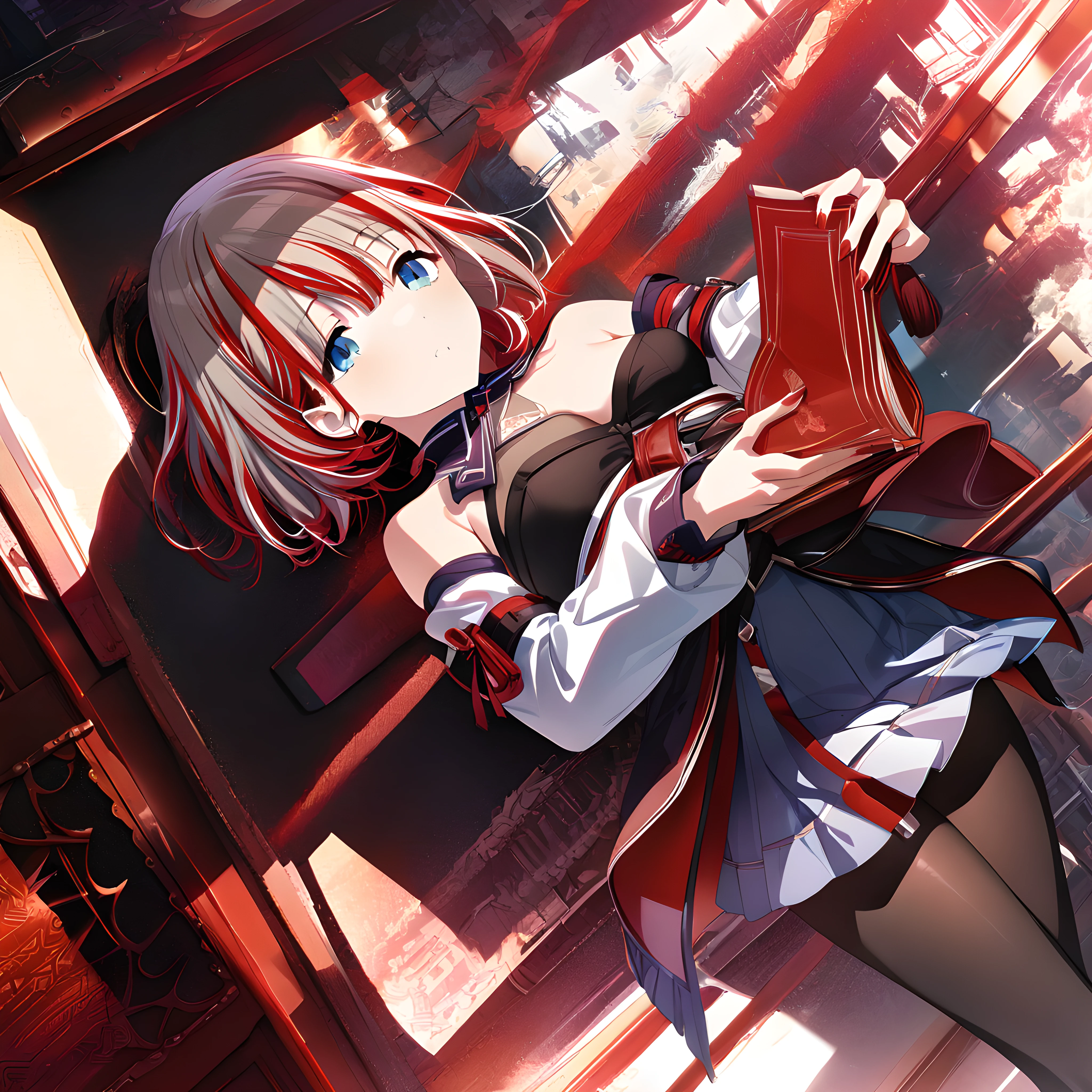 (masterpiece),(best quality),(ultra-detailed),(best illustration),(best shadow),(absurdres),(detailed background),(very aesthetic), asahi serizawa, straylight, 1girl, solo, blue eyes, skirt, looking at viewer, red nails, detached sleeves, pantyhose, short hair, multicolored hair<lora:asahiserizawa:1>