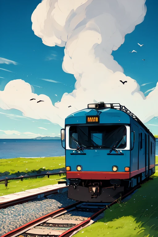 outdoors, scenery, cloud, no humans, sky, day, ocean, ground vehicle, grass, beach, tree, water, blue sky, bird, horizon, motor vehicle, train, summer, nature, vending machine, shore, sand, railroad tracks, cloudy sky, road, forest, truck, landscape, hill, mountain, cumulonimbus cloud, waves, mountainous horizon