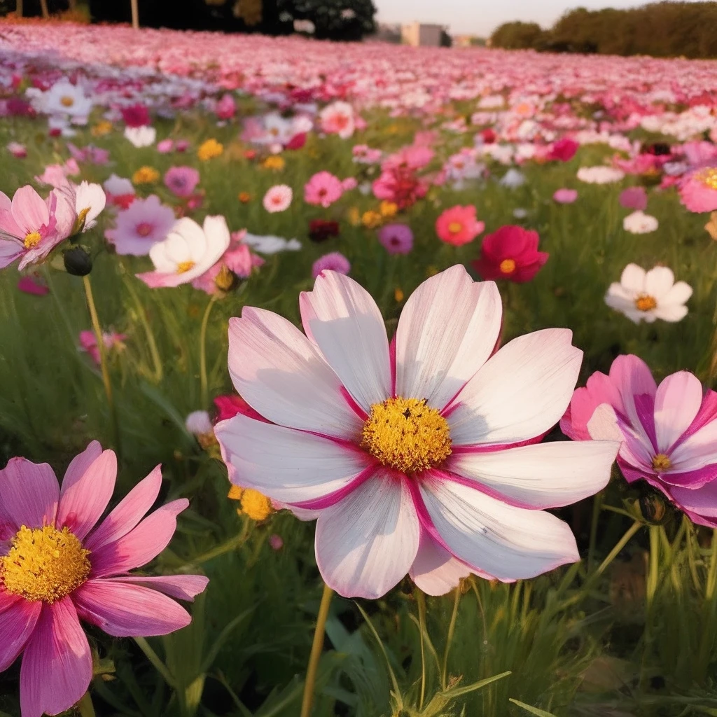 Best quality,masterpiece,ultra high res,(photorealistic:1.2),<lora:cosmos_bipinnatus:1>,cosmos_bipinnatus,flower,no humans,field,pink flower,flower field,grass,outdoors,scenery,purple flower,red flower,white flower,<lora:åå½±:0.6>,