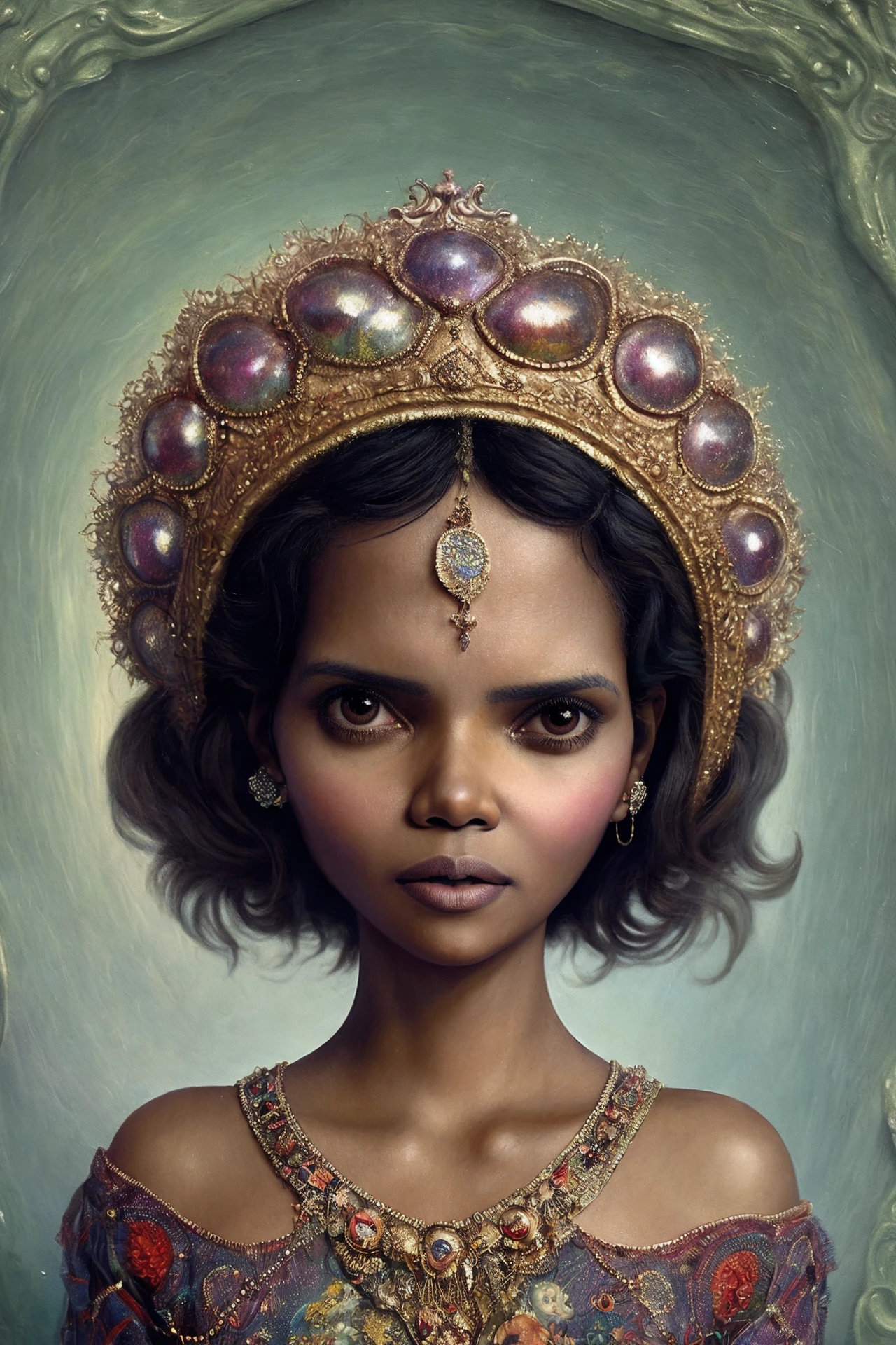 Halle Berry, strange fantasy, surrealistic art, artwork, masterpiece, best quality, popsurrealism art, digital painting <lora:Mark_Ryden_ArtStyle_640x960:0.9>