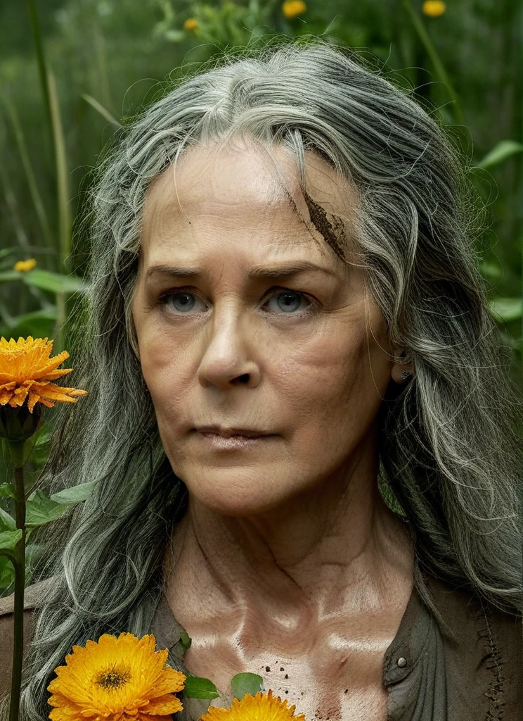 cinematic still of TWDCarol looking at beautiful flowers, detailed face, weathered skin, focus on face, clean, long messy grey hair, narrow depth of field, <lora:TWDCarol:1>