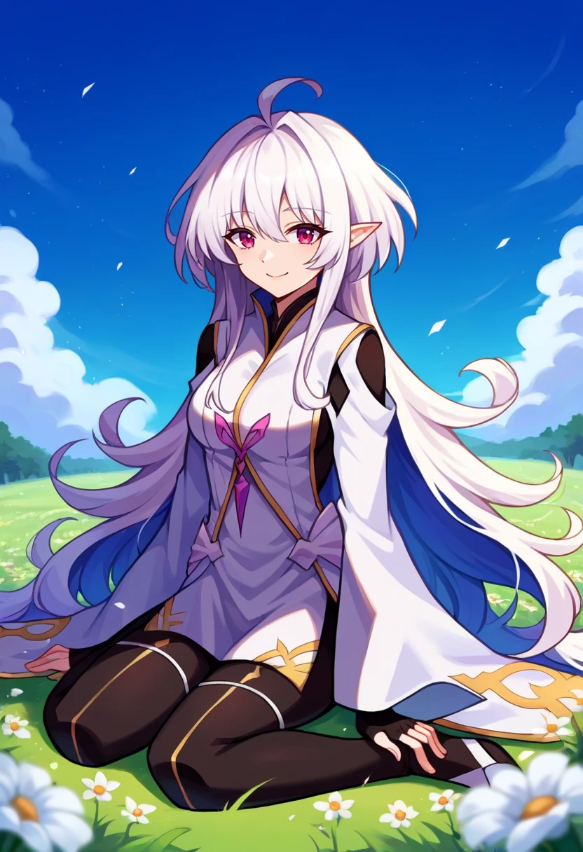 score_9, score_8_up, source_anime  BREAK solo, 1girl,  looking at viewer, cowboy shot, 
<lora:MerlinPdxlDwnsty-000008:1>, merlindef, purple eyes, white hair, very long hair, ahoge, pointy ears,  white robe, long sleeves, wide sleeves, black gloves, fingerless gloves, black pants, 
curvy, medium breasts, smile, wariza, w sitting, <lora:Wariza__Concept_Lora:1>,
blue sky, wind, grass, flower field, tree,