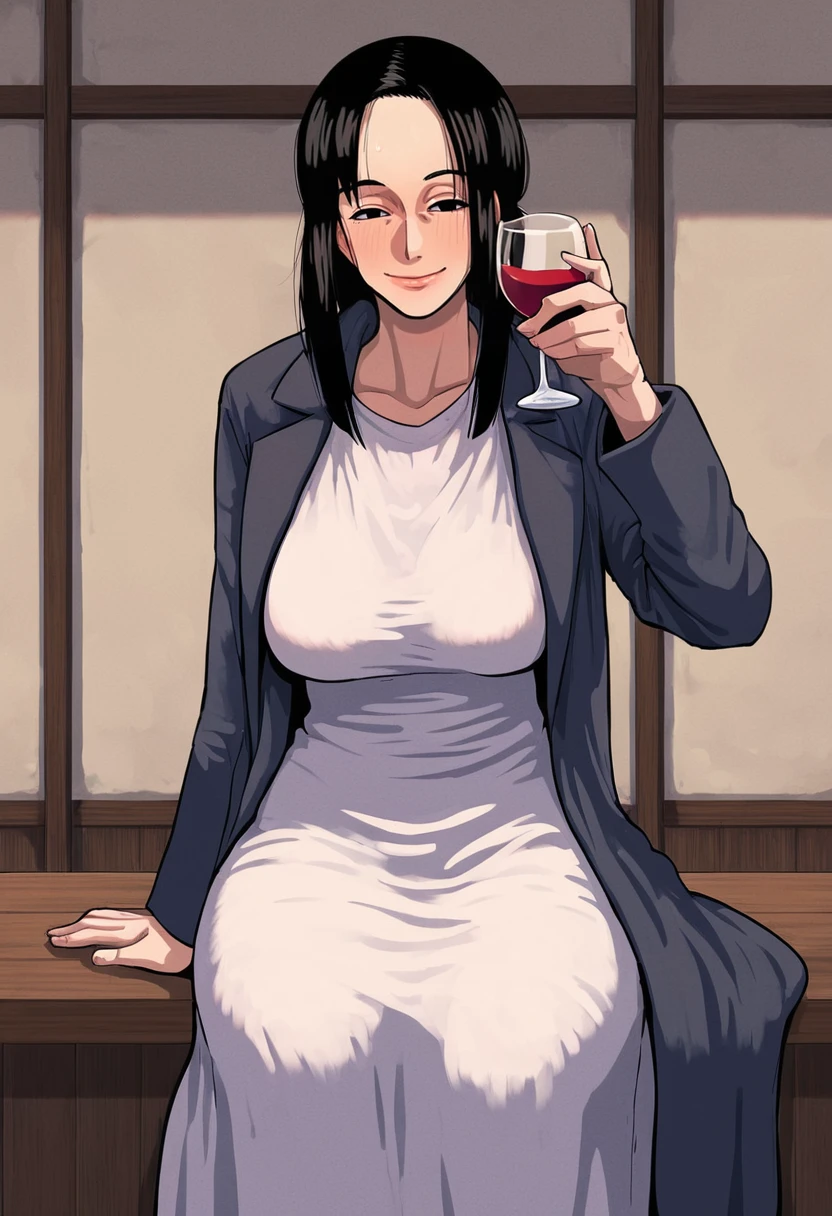 <lora:gin-eiji style v1.0:1>  1girl, mature woman, gineiji, medium breast, indoor, dark room, black hair, long hair, white dress, tall woman, coat, fur,  face, (sfw:1.5), at bar, next to bar, cut, from front, facing camera, sitting, stool, dark coat, blush, smile, dumb, dark light, half closed eyes, after work, after work drinking, red wine, holding glass, zPDXL, score_9, score_8_up, score_7_up