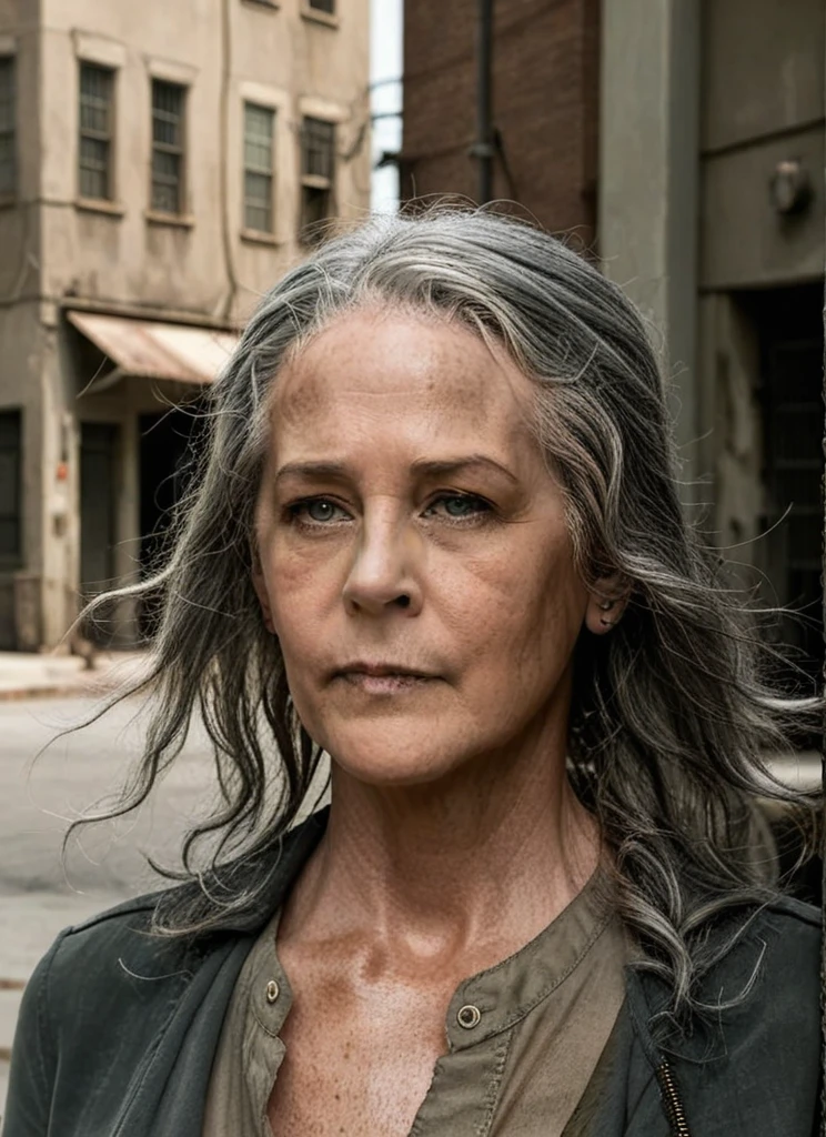 Portrait of TWDCarol walking through a perfect fascist city, detailed face, fresh skin, focus on face, clean, long neat grey hair, narrow depth of field, <lora:TWDCarol:1>