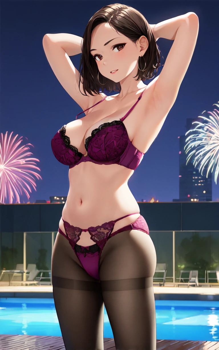 (masterpiece, best quality:1.4), insaneres, absurdres, solo, looking at viewer,BREAK 
BraPantyhose_SenpaiSan_DoukiChan_ownwiafu,
1girl, brown eyes, brown hair, collarbone, large breasts, short hair, forehead, earrings, jewelry, medium hair, nail polish, purple nails, 
underwear, purple bra, cleavage, panties under pantyhose, strap slip, lace-trimmed bra, bare shoulders,
(contrapposto, arms behind head, aerial fireworks), neon_lights, cityscape, night, pool, full moon, outdoors, <lora:ANIME_SenpaiSan_DoukiChan_ownwiafu:0.9> , depth of field, solo,