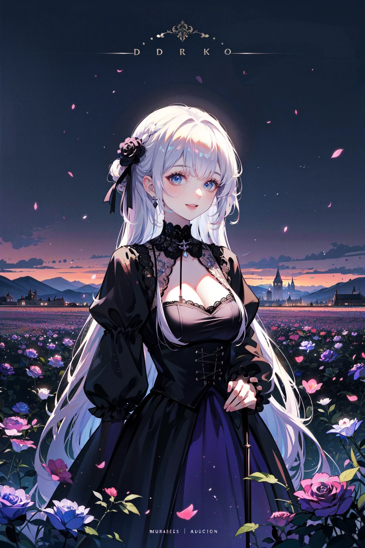 ((best quality, masterpiece, absurbres, super-resolution)), Gothic ancient Castle, black roses field, Black and Dark Purple, Dark tone, Landscape