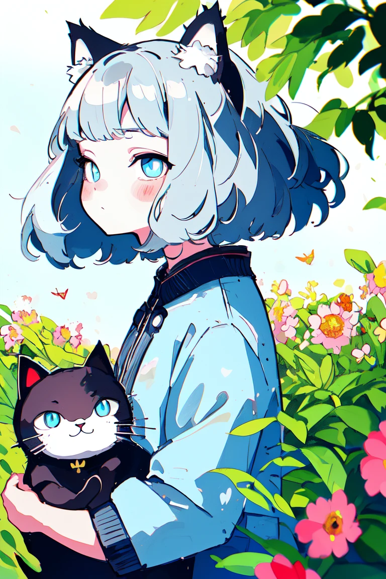 original,(masterpiece),(illustration),(extremely fine and beautiful),perfect detailed,photorealistic,(beautiful and clear background:1.25),(depth of field:0.7),(1 cute girl with (cat ear and cat tail:1.2) stands in the garden:1.1),(cute:1.35),(detailed beautiful eyes:1.3),(beautiful face:1.3),casual,silver hair,silver ear,(blue hair:0.8),(blue ear:0.8),long hair,coat,short skirt,hair blowing with the wind,(blue eye:1.2),flowers,( girl:0.65),butterflys flying around,