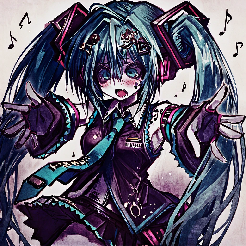 horror-theme-style,(masterpiece),(best quality),1girl, hatsune miku, twintails, necktie, solo, skirt, shirt, aqua hair, black skirt, aqua eyes, detached sleeves, long hair, sleeveless, white shirt, open mouth, white background, aqua necktie, black sleeves, sleeveless shirt, outstretched arms, very long hair, blush stickers, pleated skirt, hair ornament, miniskirt, bare shoulders, musical note