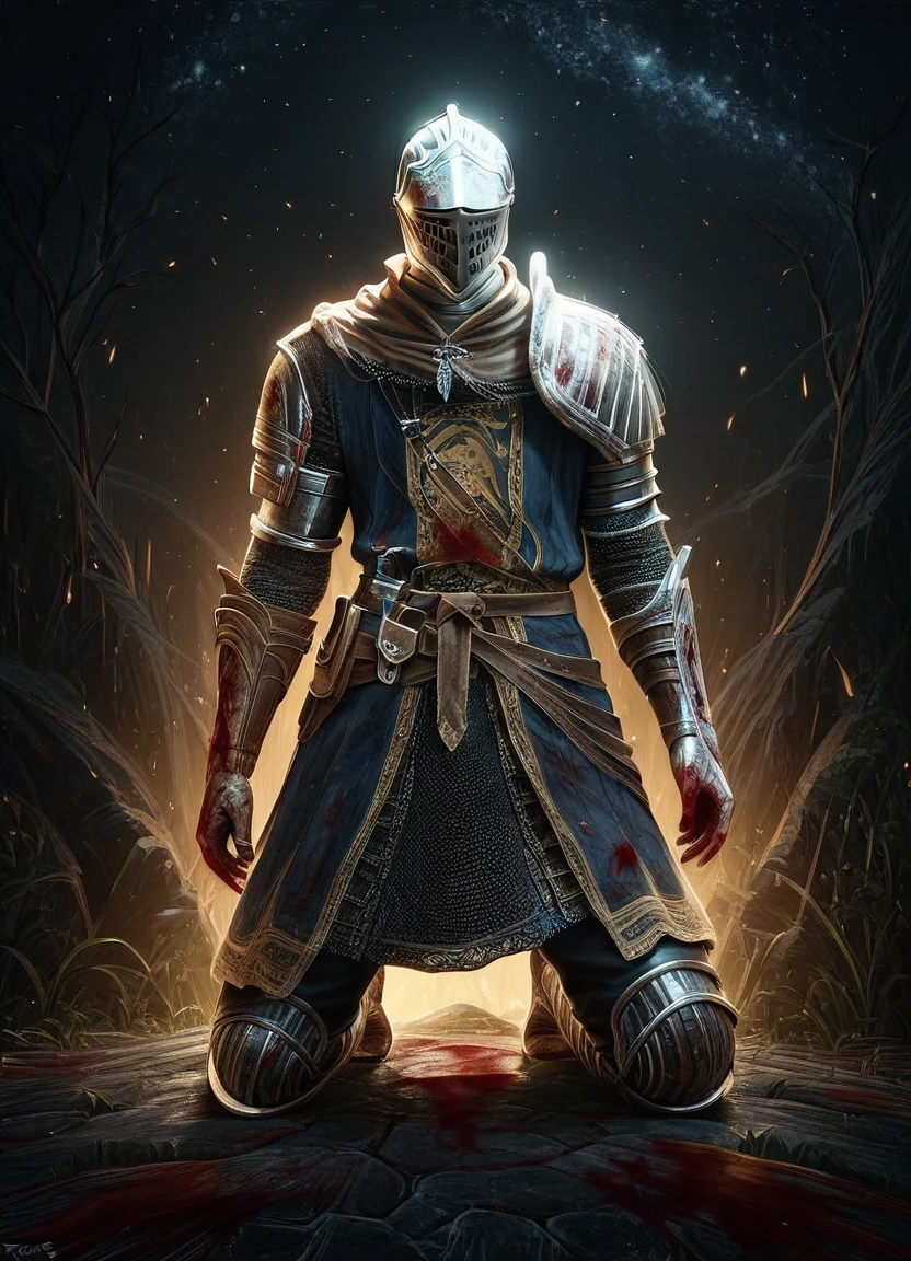 elite_knight dark souls knight, score_9, score_8_up, score_7_up, score_6_up, score_5_up, score_4_up, kneeling looking_up male solo armor helmet boots, (blood wounded:1.25), night starry_sky dramatic_lighting dungeon stone_wall river embers, <lora:Elite_Knight_Set__Dark_Souls__PonyXL:0.9> <lora:Wisps_of_Light_Pony:0.7> mad-wsps