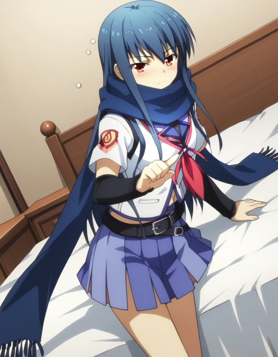 score_9, score_8_up, score_7_up, source_anime,
angelbeatsshiina, <lora:angel-beats-shiina-s1-ponyxl-lora-nochekaiser:1>,
shiina, long hair, red eyes, blue hair,
skirt, school uniform, serafuku, scarf, detached sleeves, belt,
indoors, bed, bed room, on side, blush, drunk,
looking at viewer, solo, cowboy shot, dutch angle,
