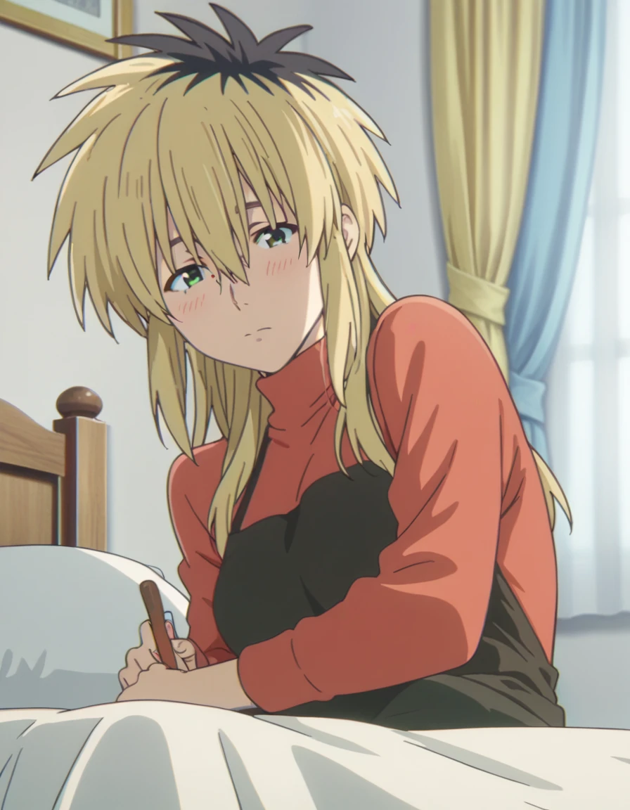 score_9, score_8_up, score_7_up, source_anime,
miyakoishida, <lora:miyako-ishida-movie-ponyxl-lora-nochekaiser:1>,
miyako ishida, long hair, bangs, blonde hair, black hair, hair between eyes, green eyes, multicolored hair, two-tone hair,
apron, sweater, turtleneck, red sweater, black apron, pants, denim,
indoors, bed, bed room, on side, blush, drunk,
looking at viewer, solo, cowboy shot, dutch angle,