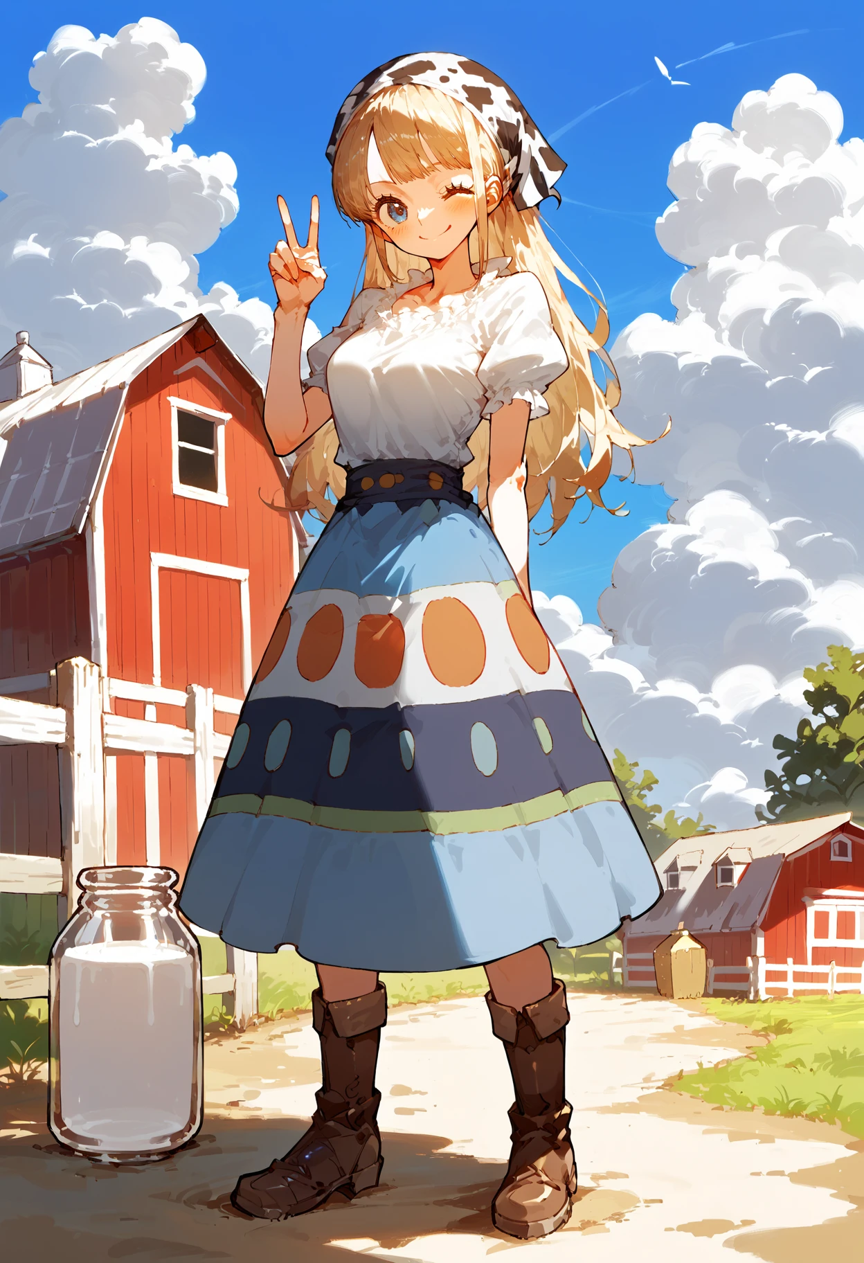 score_9, score_8_up, score_7_up, source_anime, RythModaOPPony, 1girl, full body, standing, skirt, dress, bandana, looking at viewer, peace sign, holding milk jar, brown boots, wink, smile, outdoors, farm, blue sky, cloudy, <lora:ModaOPPony-101:1>