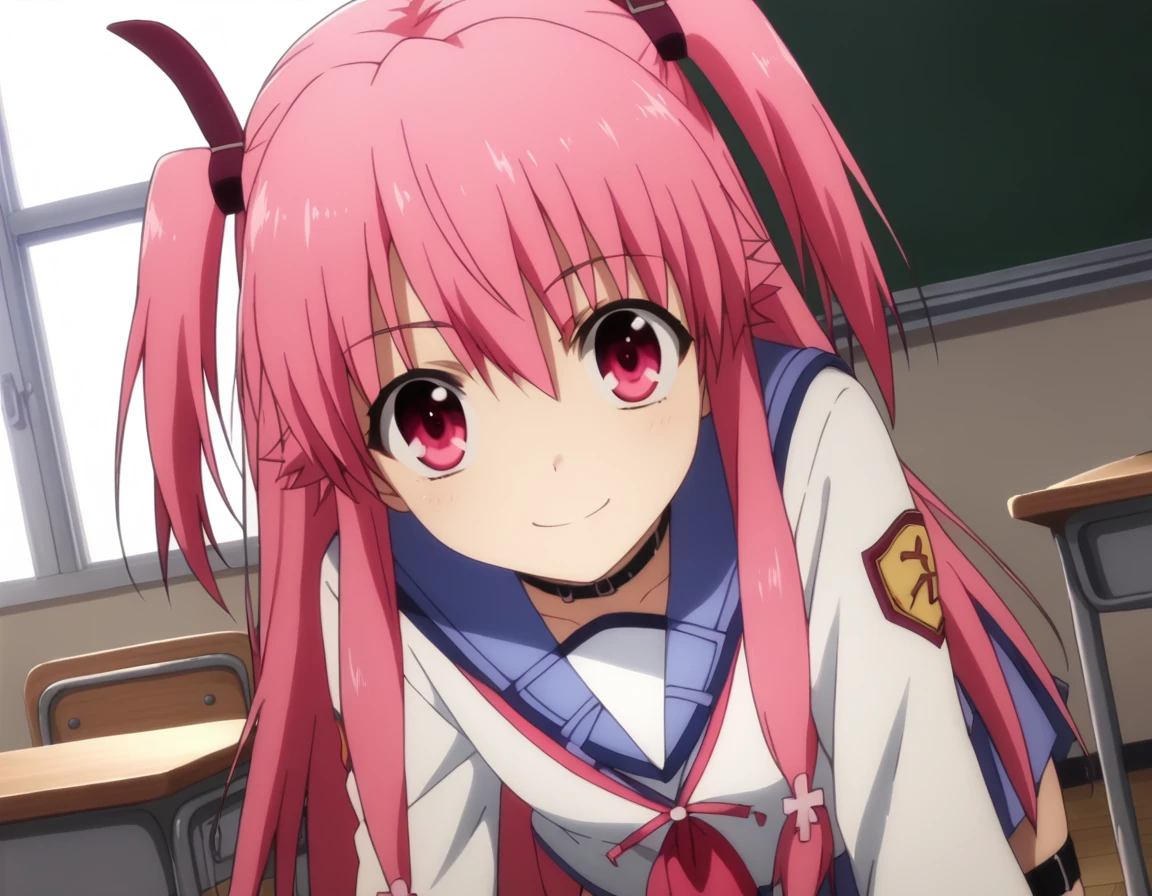 score_9, score_8_up, score_7_up, source_anime,
angelbeatsyui, <lora:angel-beats-yui-s1-ponyxl-lora-nochekaiser:1>,
yui, long hair, pink hair, pink eyes, two side up,
school uniform, serafuku, thigh strap, ankle lace-up,
indoors, classroom, bent over, smile,
looking at viewer, solo, cowboy shot, dutch angle,