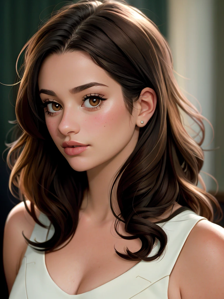 Realistic photo of a beautiful l34m1ch3l3 woman, 1girl, solo, long hair, looking at viewer, brown hair, brown eyes, lips, traditional media, portrait, realistic, soft Lighting, professional Photography, Photorealistic, detailed, RAW, analog, sharp focus, 8k, HD, DSLR, high quality, Fujifilm XT3, film grain, award winning, masterpiece<lora:l34m1ch3l3:1.0>