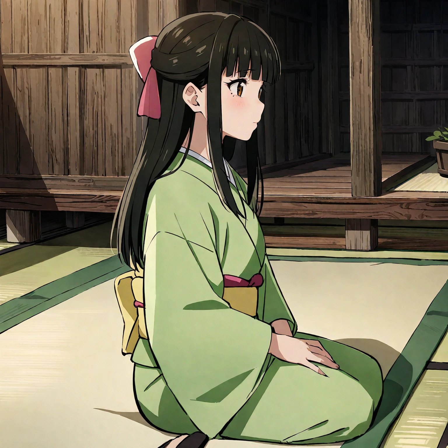 1girl, long hair,hair ribbon, blush,mole,green kimono,from side,tatami,zabuton,shouji,garden, <lora:Fixhands_anime_bdsqlsz_V1:1> <lora:SDXL_sayo_kitarou_animazine3:1>, ,master piece,best quality,