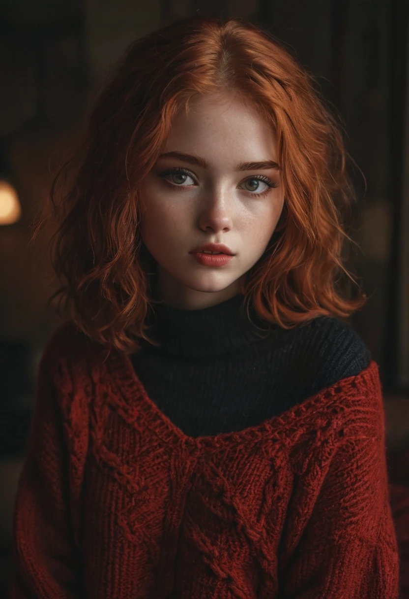 raw photo, (18yo redhead girl:1.2), makeup, graphic eyeliner, rouge, (choker:0.9), realistic skin texture, oversize knit sweater, (red:0.8), softcore, warm lighting, cosy atmosphere, instagram style, high quality dslr snapshot, high definition film grain photo taken at f/16, ISO 100, with a 200mm lens, global illumination, fibonacci