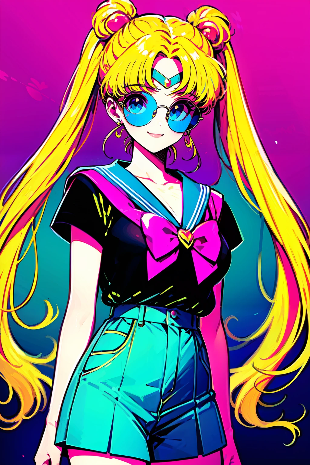 <lora:80s_Pop:0.8>, ((masterpiece,best quality)), absurdres, aausagi, <lora:sailor_moon_v1:0.7>, 1girl, solo, long hair, looking at viewer, bangs, blue eyes, blonde hair, shirt, bow, twintails, jewelry, very long hair, pink hair, short sleeves, hair bow, multicolored hair, cowboy shot, earrings, glasses, shorts, black shirt, short shorts, sunglasses, pink bow, black background, t-shirt, blue shorts, round eyewear, arms at sides, shirt tucked in, print shirt, tinted eyewear, high-waist shorts, smile,