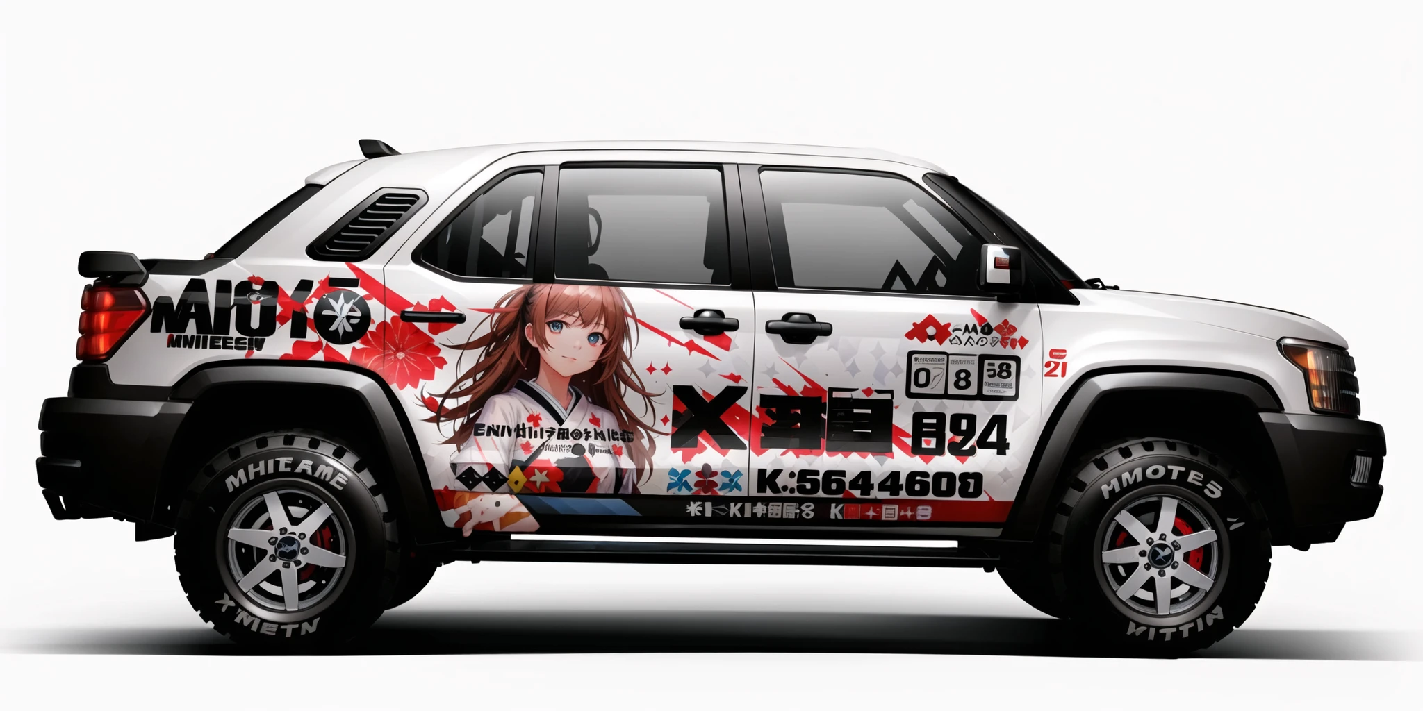 itasha design,(masterpiece:1.2),(best quality:1.2),(1car:1.1),ground vehicle,(sports car:1.3),(vehicle focus:1.2),(white background:2.1),(simple background:1.7),(extremely detailed CG unity 8k wallpaper:1.6),(masterpiece, top quality, best quality:1.5),colorful,1girl,portrait,(delicate eyes and face:1.2),volumatic light,(extreme detailed:1.2),(realistic, photo-realistic:1.27),(CG:1.1),unity,(wallpaper:1.3),colorful,(highest detailed:1.3),(looking at viewer:1.1),solo,(english text:0.3),japanese clothes,close-up,<lora:itashadesign:0.6>,