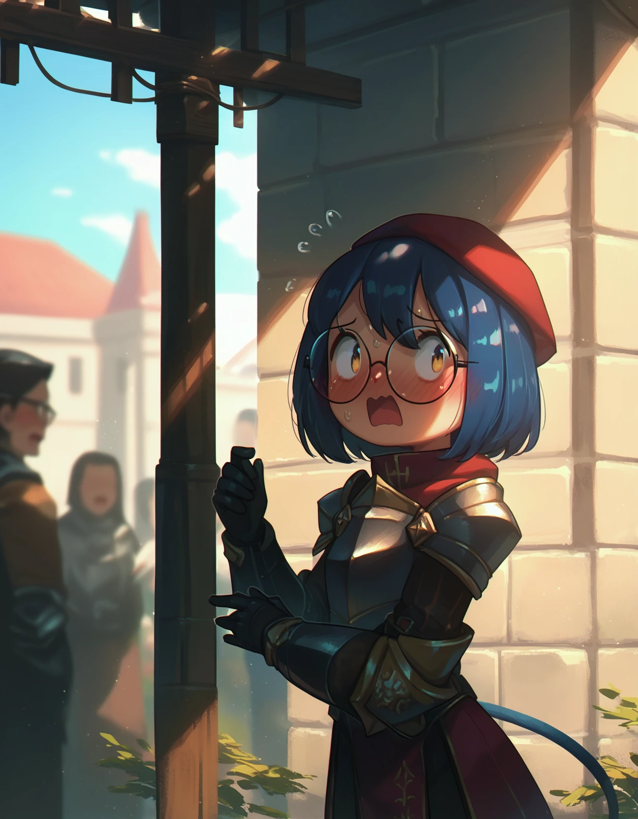score_9, score_8_up, score_7_up,score_6_up, a girl dressed as knight, armor, round eyewear, blush, embarrassed, tail, from side, outdoors, <lora:porforever_style_pony6_v1:.8> looking at viewer, open mouth,