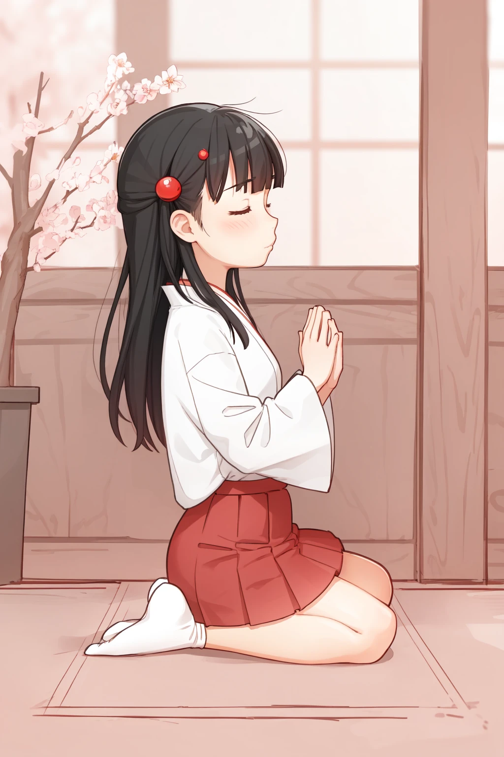 (sketch:1.25), 1girl, blunt bangs, forehead, extremely long hair, shiny black hair, closed eyes BREAK (praying:1.2), miko, long sleeves, red skirt, japanese clothes, tabi BREAK on floor, (seiza), from side, full body, wide shot BREAK detailed background, (outside:1.2), shrine, (cherry blossoms:1.1)