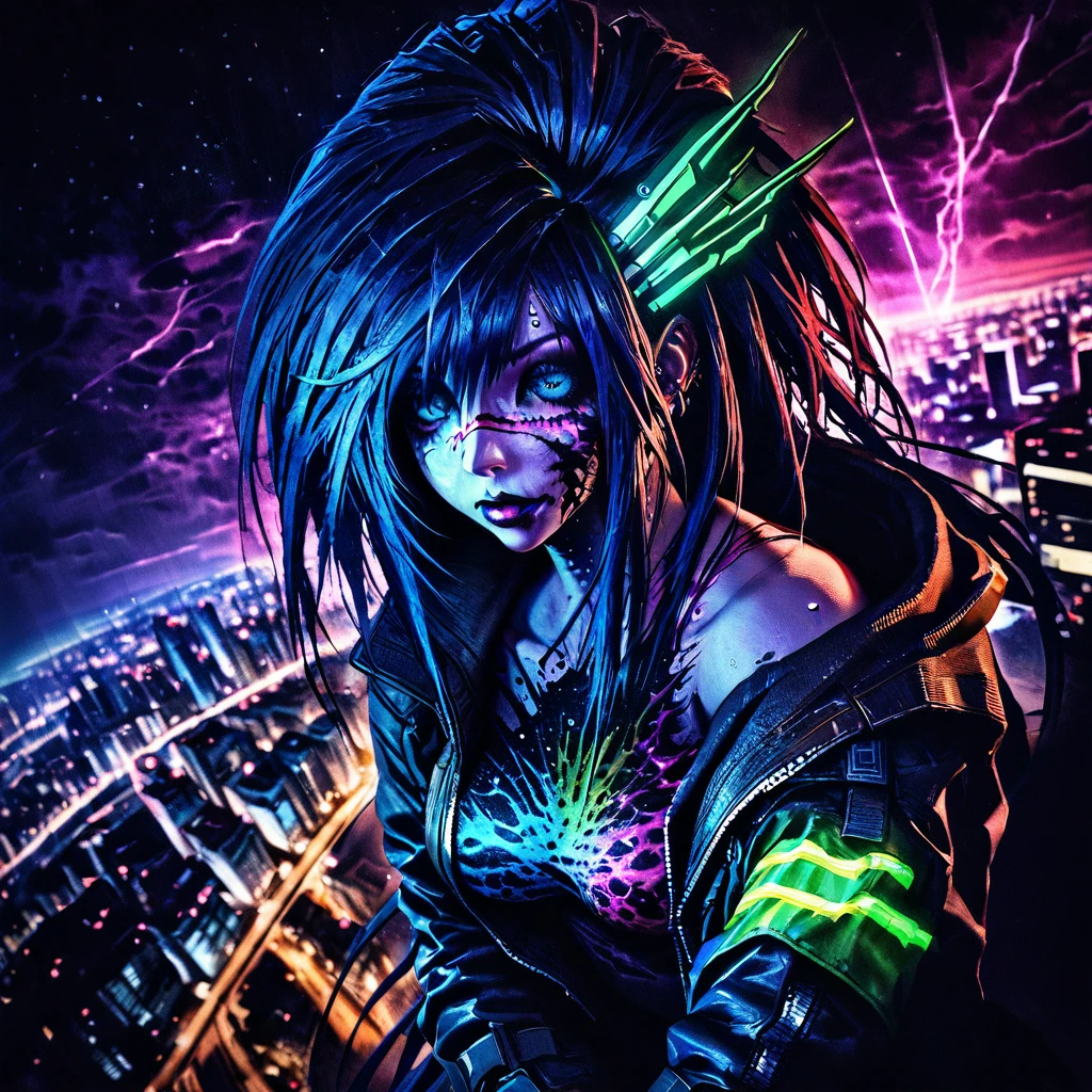 horror-theme-style,cyberpunk 1girl flying above stunning cityscape ,hoodie,blue hair, neon color shooting stars, very long hair, off shoulder, feather hair ornament, neon colors, flashes, stunning night sky, cinematic lighting, photorealistic, realistic skin, HDR,fisheye, 1 girl