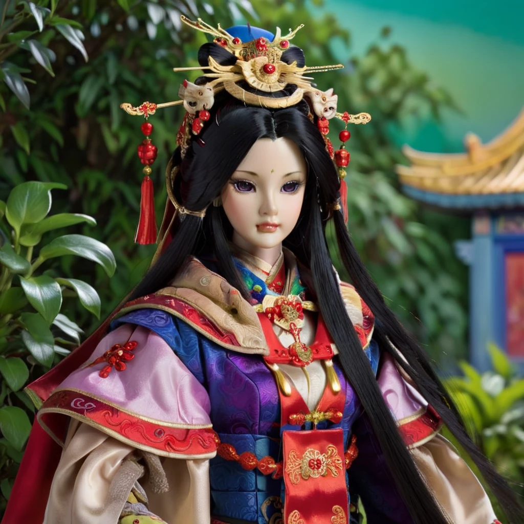 The image captures a doll with intricately styled long black hair and detailed facial features, dressed in a richly adorned traditional Chinese outfit. The doll's attire includes a colorful decorative hat featuring red and blue elements and a high collar garment, complemented by a purple and golden cape. The backdrop hints at an outdoor setting with the presence of green plants, all contributing to the doll's portrayal of elegance and cultural heritage.<lora:twdoll:0.8>