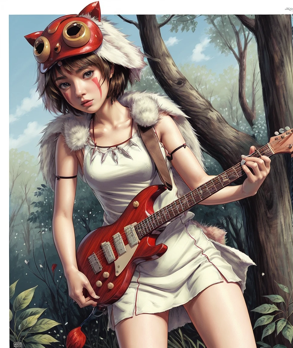 comic  <lora:quiron_SanMononokeHime_v1_Lora:0.87> sanmononokehquiron, sanmononokehime, 1girl, Pretending to play a guitar solo,  . graphic illustration, comic art, graphic novel art, vibrant, highly detailed