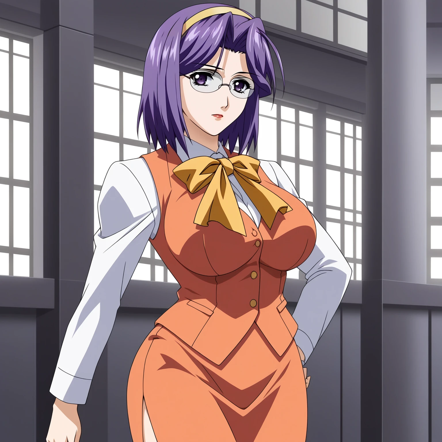 <lora:ChisaSakuraiXLpony001>,
solo,
ChisaSakurai,1girl,purple hair,hair band,medium hair,purple eyes,eyewear,large breasts,
skirt_suit,yellow ribbon tie,vest,long_sleeves,
pencil_skirt,