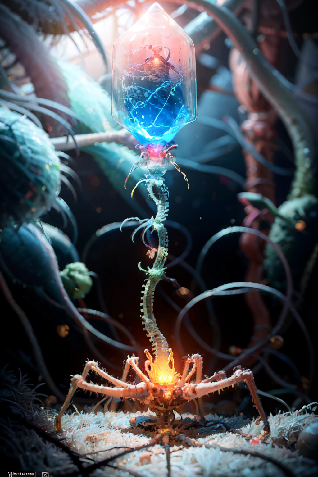 ((masterpiece,best quality)), absurdres,   <lora:Bacteriophage:0.8>,  Bacteriophage, simple background, no humans, black background, skeleton, bone, still life  <lora:Scifi_Environment_Concept_Art:0.8>,   minimalist, game asset, cinematic, movie poster, cold colors, blue theme,    outdoors, tree, glowing, nature, scenery, forest, fantasy, mushroom,