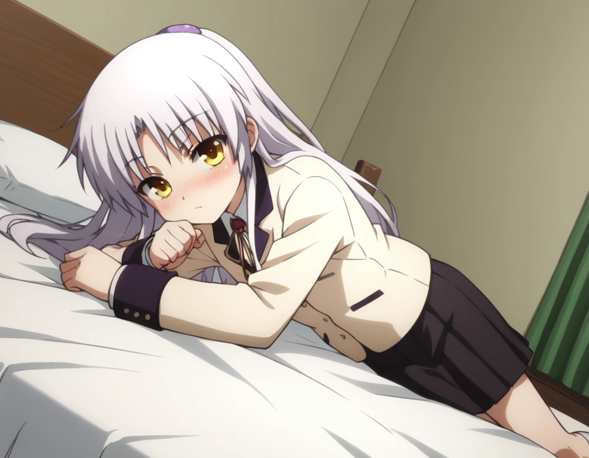 score_9, score_8_up, score_7_up, source_anime,
kanadetachibana, <lora:kanade-tachibana-s1-ponyxl-lora-nochekaiser:1>,
kanade tachibana, long hair, white hair, yellow eyes,
skirt, school uniform, jacket, blazer, skirt, black skirt, pleated skirt, long sleeves,
indoors, bed, bed room, on side, blush, drunk,
looking at viewer, solo, cowboy shot, dutch angle,