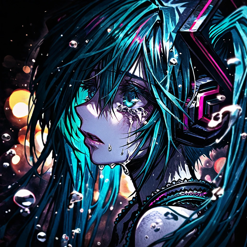 horror-theme-style,illustration,ultra detailed,hdr,Depth of field,(colorful),1girl, solo, hatsune miku, long hair, twintails, profile, blue hair, crying, tears, bubble, from side, eyelashes, blue eyes, crying with eyes open, blurry, upper body, parted lips, bangs, bokeh, portrait, close-up, water drop, aqua eyes, hair ornament, depth of field, bare shoulders, aqua hair