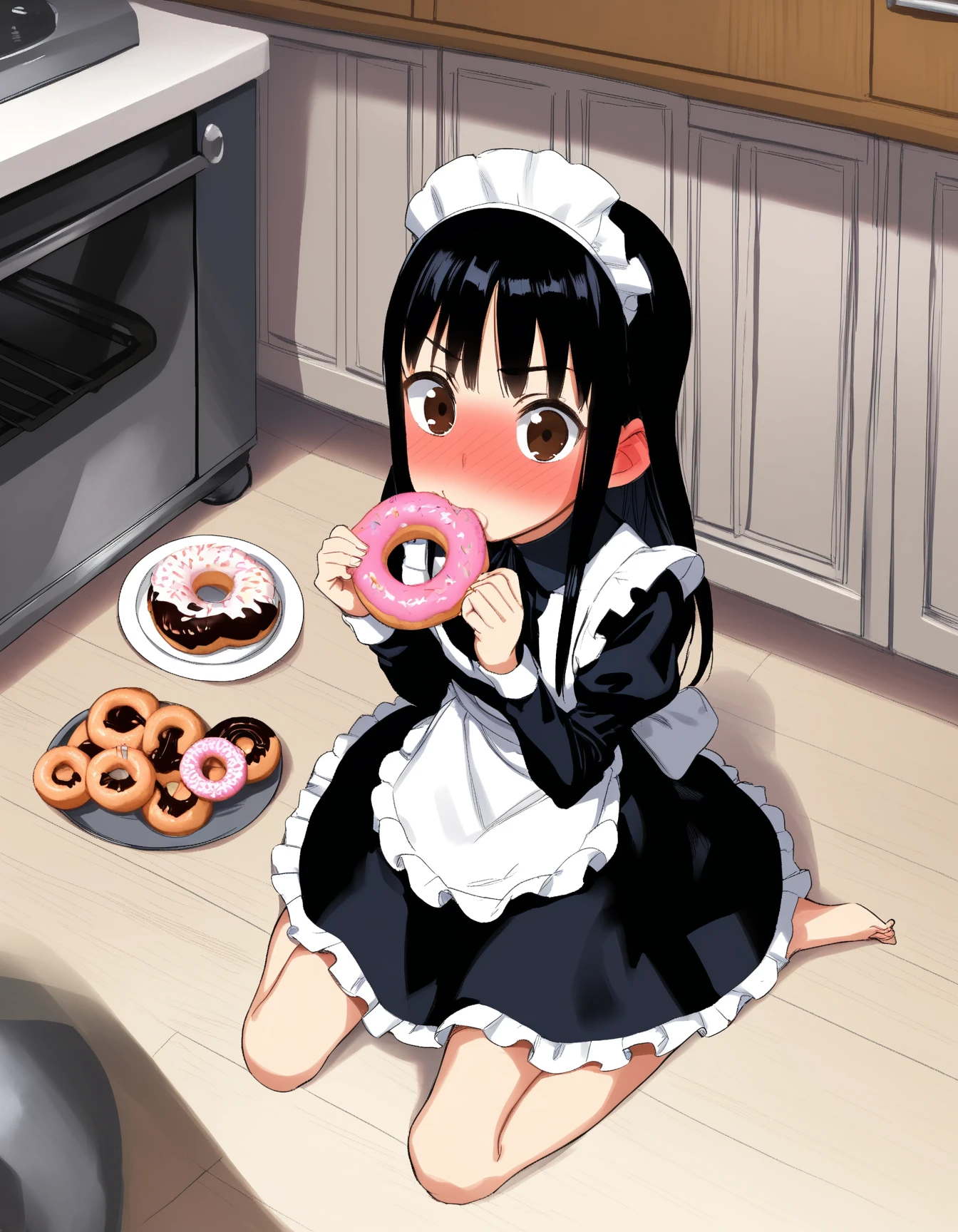 score_9, score_8_up, score_7_up, rating_safe BREAK
1girl, (:s:1.2), puffy cheeks, surprised, shocked, (embarrased, full-face blush:1.2), looking at viewer, long hair, black hair, brown eyes, black dress, maid dress, flat chest, sitting, on floor, eating, donuts, food, stack of plates, from above, kitchen
<lora:rokkaku_pony-v1-000011:0.8>