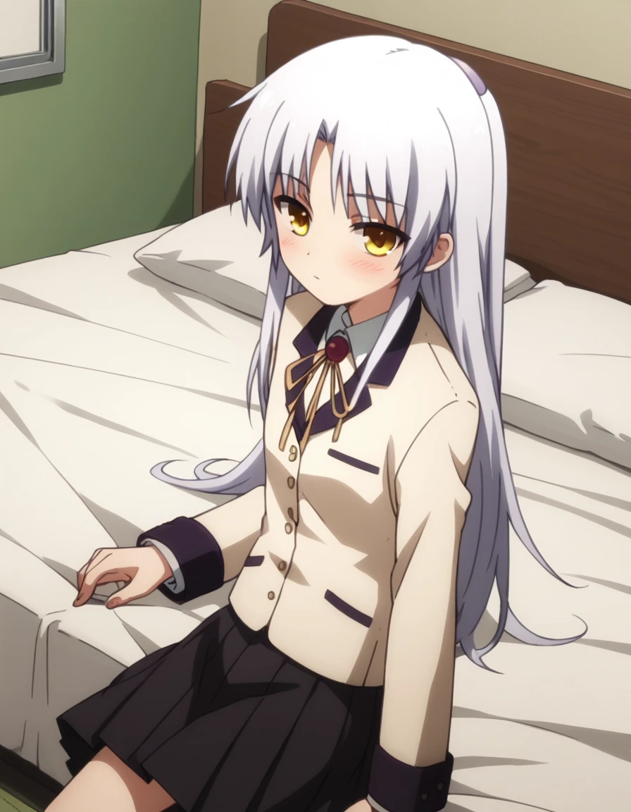 score_9, score_8_up, score_7_up, source_anime,
kanadetachibana, <lora:kanade-tachibana-s1-ponyxl-lora-nochekaiser:1>,
kanade tachibana, long hair, white hair, yellow eyes,
skirt, school uniform, jacket, blazer, skirt, black skirt, pleated skirt, long sleeves,
indoors, bed, bed room, on side, blush, drunk,
looking at viewer, solo, cowboy shot, dutch angle,