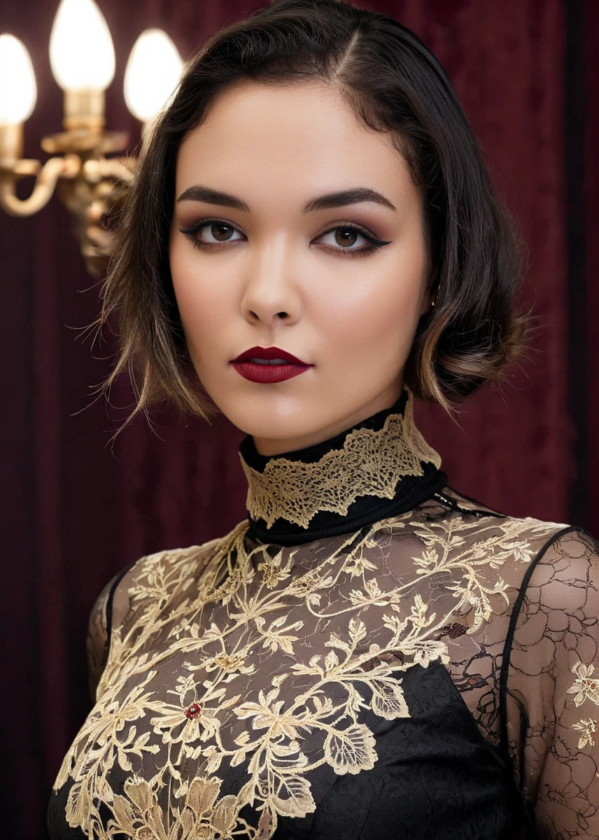 1920s commercial illustration of A captivating masterpiece of an woman, half body, dressed in a turtleneck Blouse, The intricate lace and gold details exude a very rebellious aura, bold and daring makeup look, The use of high-shine gloss adds a touch of glamour while the deep red and black hues give it a dramatic vampy vibe, studio lighting, look to the camera, background blurred, <lora:MS_Ciel_V1_SDXL:0.8>, magazine cover illustration from the 1920's, exaggerated realism