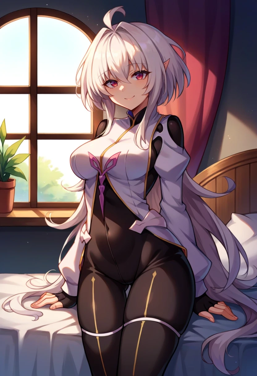 score_9, score_8_up, source_anime BREAK solo, 1girl, looking at viewer, cowboy shot,
<lora:MerlinPdxlDwnsty-000008:1>, merlindef, purple eyes, white hair, very long hair, ahoge, black:black bodysuit,
curvy, medium breasts, smile, skindentation,
indoors, bed, bedroom, on bed, window,