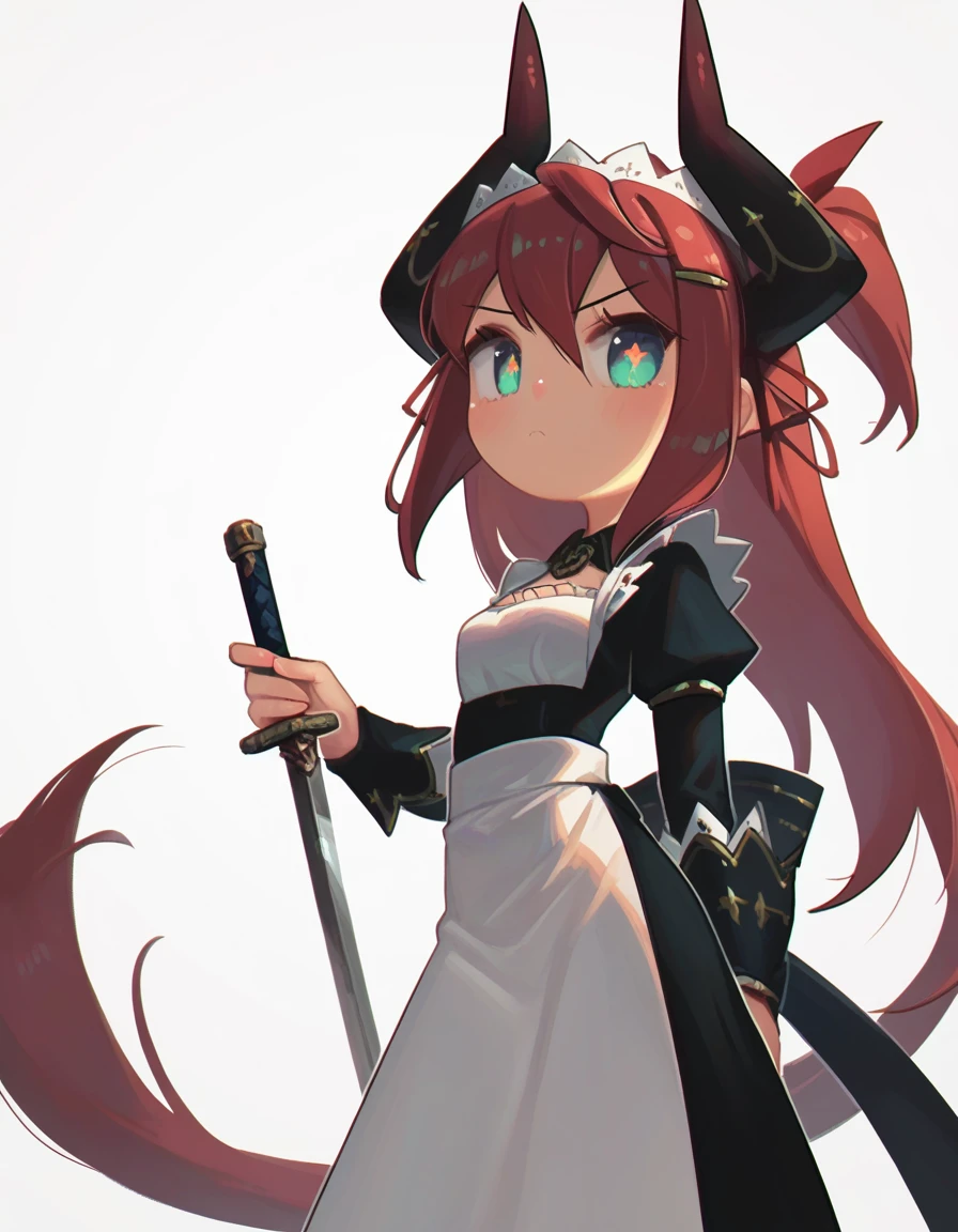 score_9, score_8_up, score_7_up,score_6_up, a maid girl, holding sword, dutch angle, tail, horns, hairclip, <lora:porforever_style_pony6_v1:.9>, white background, standing,