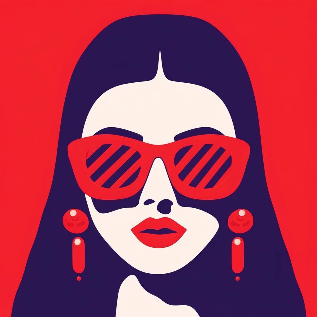 vztdzsxx, 1girl, solo, red background, red lips, black hair, earrings, jewelry, long hair, simple background, lipstick, glasses, red-framed eyewear, makeup, sunglasses, portrait, red-tinted eyewear, looking at viewer, limited palette, flat color, vector art, illustration, vector illustration, cel shading, simple coloring, score_9, score_8_up, score_7_up, score_6_up, score_5_up, score_4_up