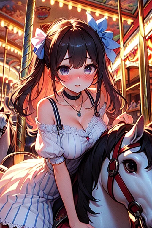 (((masterpiece))), (((best quality))), ((riding carousel)), ((multiple girls)), ((leaning forward)), sitting astride, dress, off shoulder, parted lips, sweat, wind, cloudy sky, party balloon, ferris wheel, amusement park, outdoors, cleavage, big tits, shy, blush, slim figure, <lora:girllikecarousel:0.9>