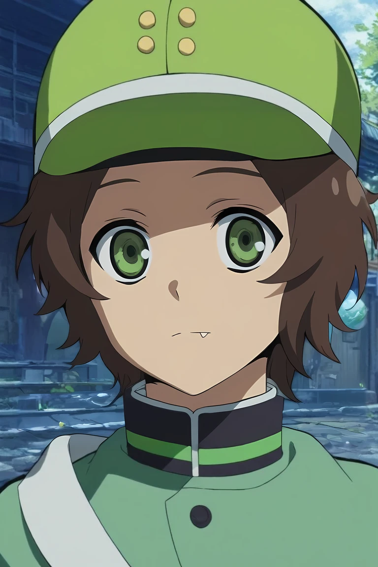 score_9, score_8_up, score_7_up, source_anime, rating_safe, , semi-realistic, looking at viewer, , 1boy, solo, male focus, <lora:yoichi_saotome_pony:0.96>, yoichi_saotome, brown hair, green eyes, short hair, hat, close-up, town, japanese architecture, dusk, arm at side, skin fang, easter costume, <lora:sdxl_lightning_8step_lora:1>