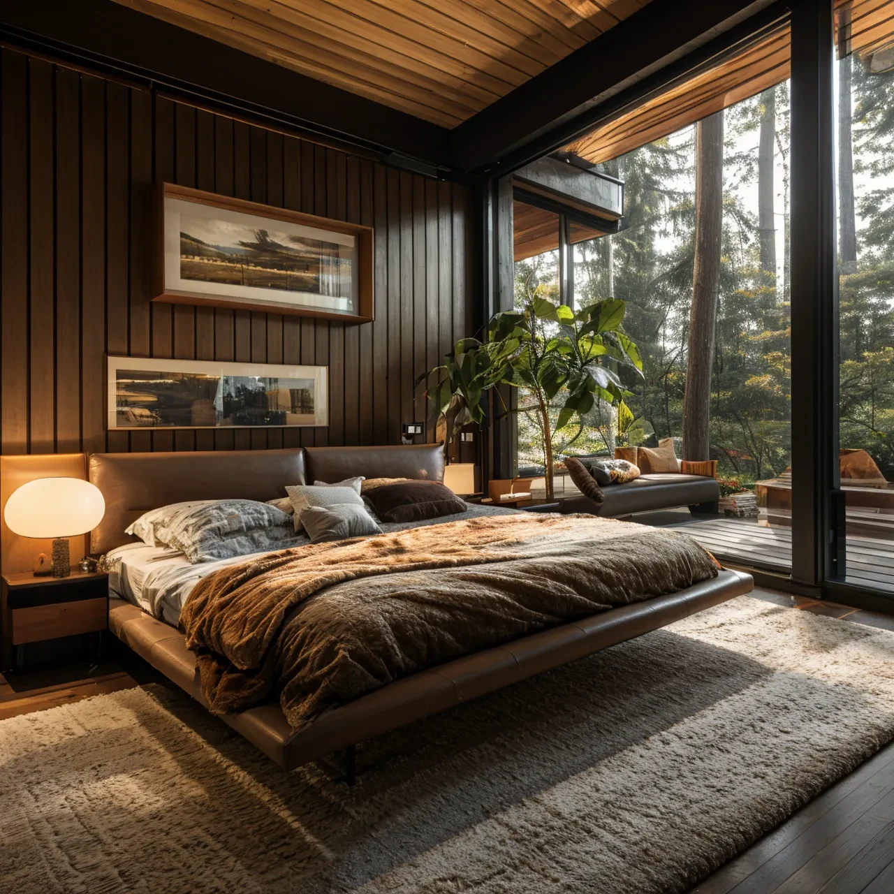 photo, interior, bedroom, mid-century modern, bed, atrium, warm lighting, wooden furniture, coffee table, stone fireplace, leather sofa, potted plant, floor, tree outside, natural light, window, wide-angle
wide angle,
<lora:AIDVN_midcentury_modern_interior:0.75>