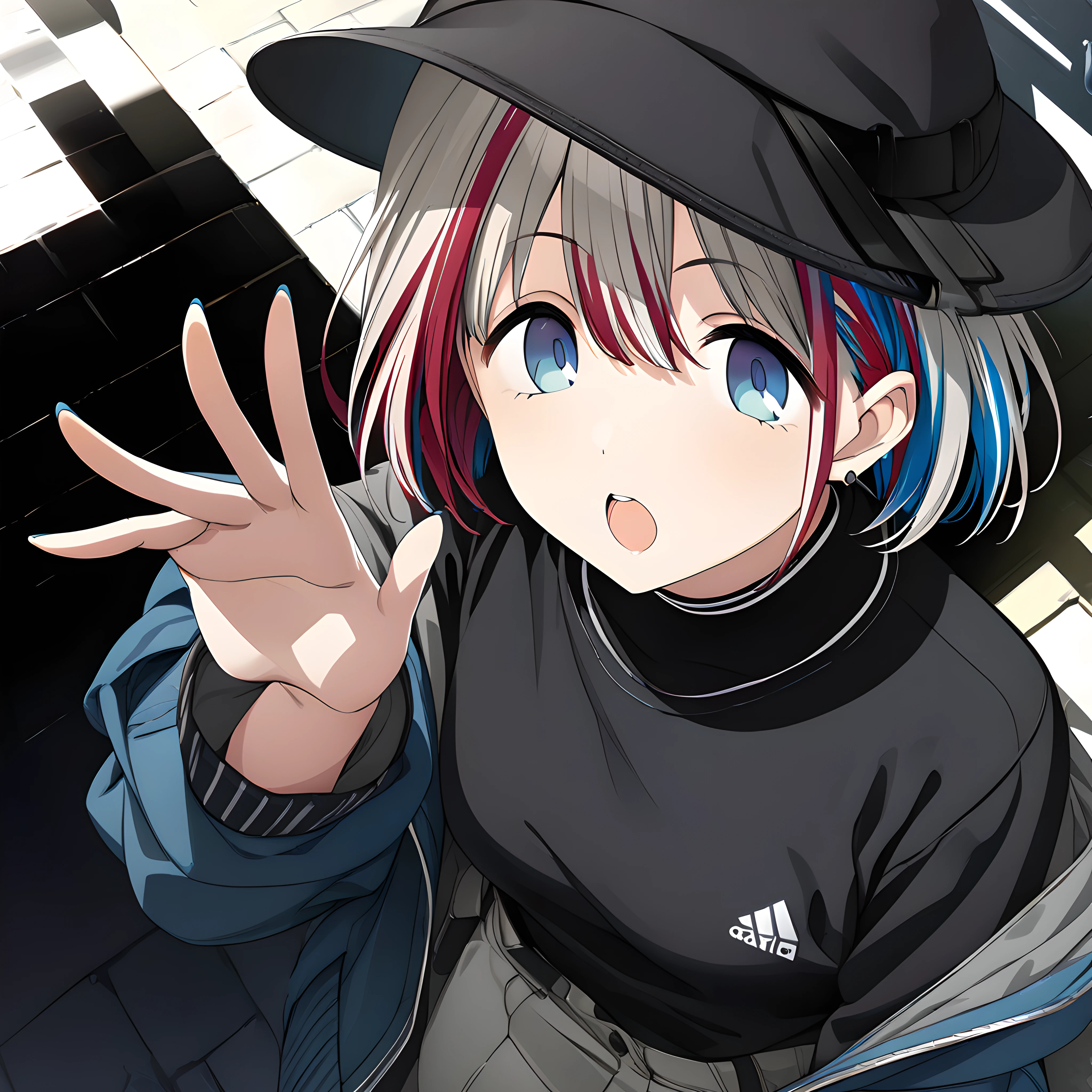 (masterpiece),(best quality),(ultra-detailed),(best illustration),(best shadow),(absurdres),(detailed background),(very aesthetic),asahi serizawa, casualoutfit, 1girl, solo, jacket, blue eyes, hat, black background, open mouth, shirt, jewelry, multicolored hair<lora:asahiserizawa:1>