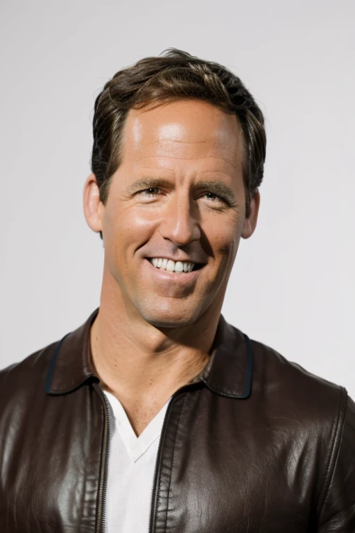 <lora:Nat_Faxon_Lora-10:0.9>, nat faxon, black leather jacket, white tshirt, headshot, plain background