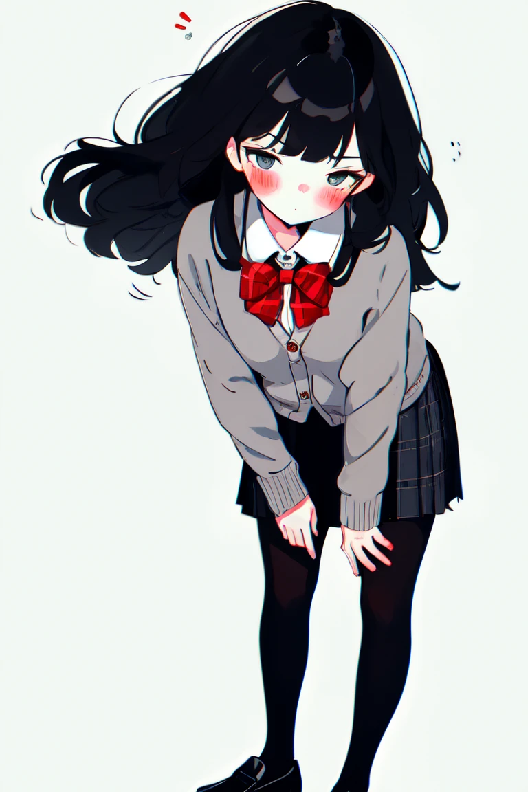 1girl,solo,pantyhose,skirt,long hair,loafers,shoes,simple background,school uniform,plaid,black pantyhose,plaid skirt,looking at viewer,black hair,pantyhose pull,full body,clothes pull,black footwear,pleated skirt,leaning forward,bangs,bent over,cardigan,bow,bowtie,standing,closed mouth,pulled by self,grey background,blush,miniskirt,red bow,sweater,undressing,