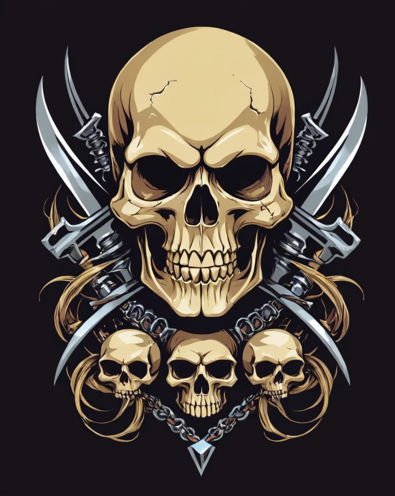 skull head, heavy metal, t-shirt design, flat colors, vector art,  ((black background))