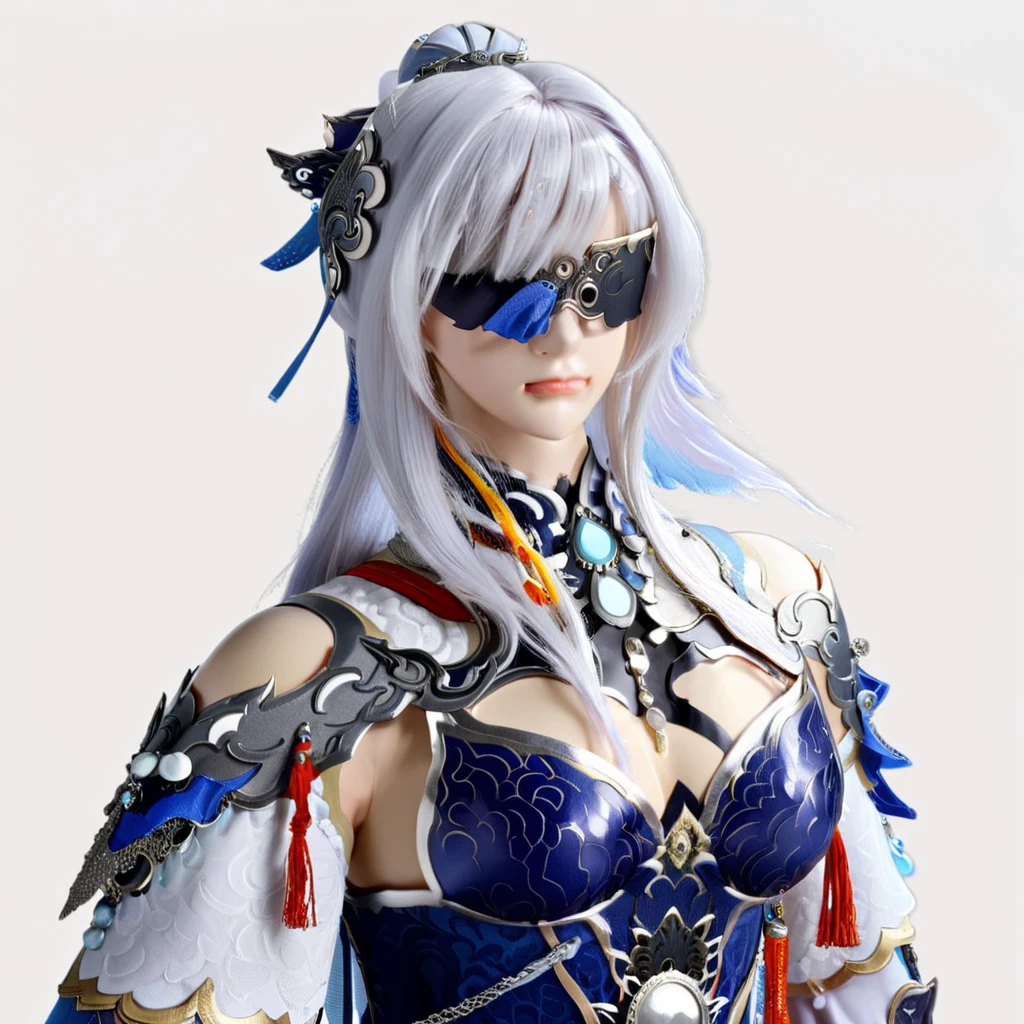ultra-detailed,(best quality),((masterpiece)),(highres),original,extremely,<lora:jingliux_xl:0.8>,jingliu, 1girl, solo, long hair, white background, closed mouth, simple background, bangs, earrings, jewelry, bare shoulders, bronya zaychik, white hair, hair between eyes, blindfold, armor, grey hair, hair ornament, dress, looking at viewer, mask,<lora:twdoll:0.85>,full body