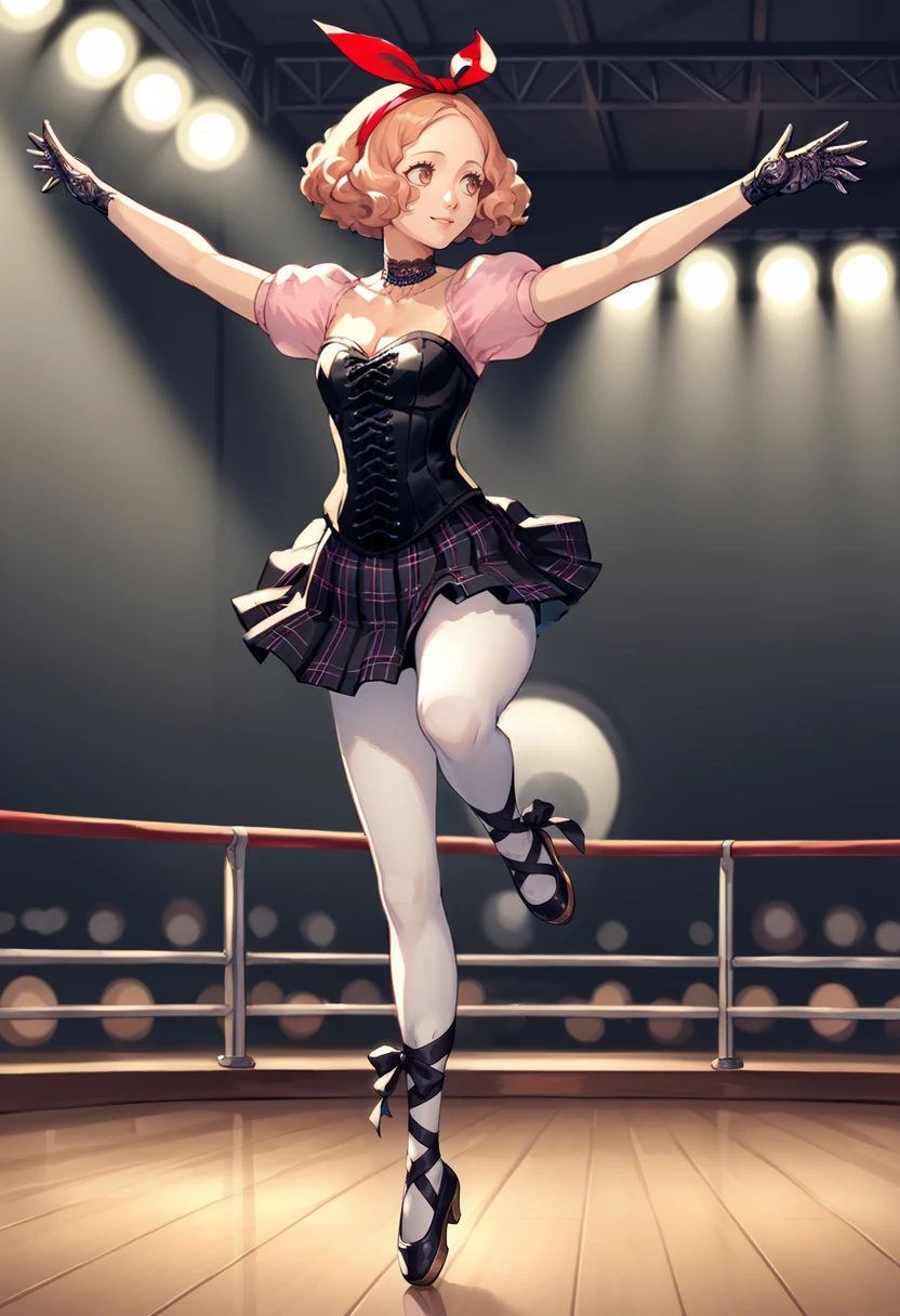 score_9, score_8_up, score_7_up, source_anime, BREAK 1girl, looking to the side, outstretched arms, standing on one leg, ballerina, smile, <lora:HaruP5-pdxl:1> dncHaru, short hair, hair bow, red ribbon, puffy short sleeves, corset, cleavage, lace choker, print gloves, plaid skirt, pleated skirt, white pantyhose, ballet slippers, cross-laced footwear, leg ribbon, indoors, on stage
