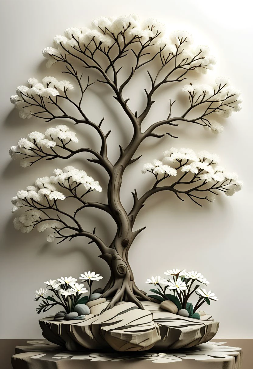 artshmll, pencil contour drawing, artfshnshtr, artxldnc
a 3D rendering of a tree with white flowers on a rock, in the style of organic forms, muted tones, paper sculptures, vibrant still lifes, shang dynasty, light-filled compositions, playful still-lifes, detailed, layered compositions