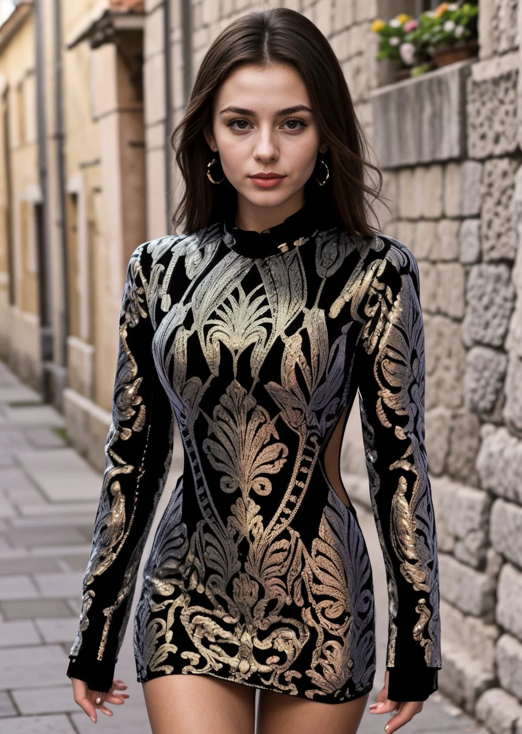 photo of a young ukrainian woman, wearing a () baroque-patterned longsleeve minidress <lora:CrunchyBanana_baroque_minidress:1>,  in Old City of Dubrovnik